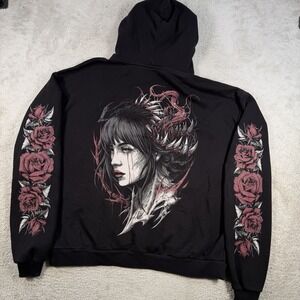 Stay Cold Apparel Hoodie Men XL Black Fleece Grunge Alt Goth Emo Floral Pullover